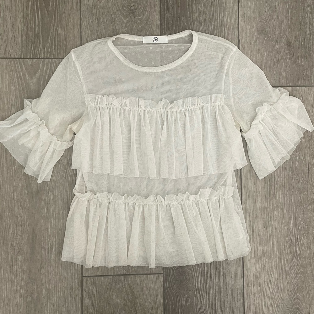 Missguided Mesh Dobby Spot Cream Ruffle Blouse